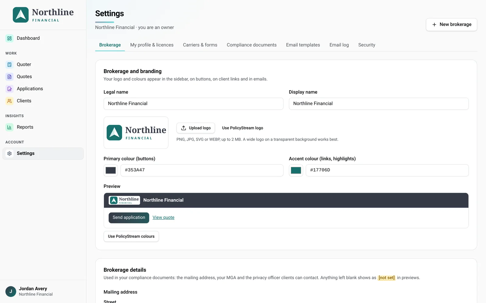 Brokerage branding settings with logo, colours and a live preview