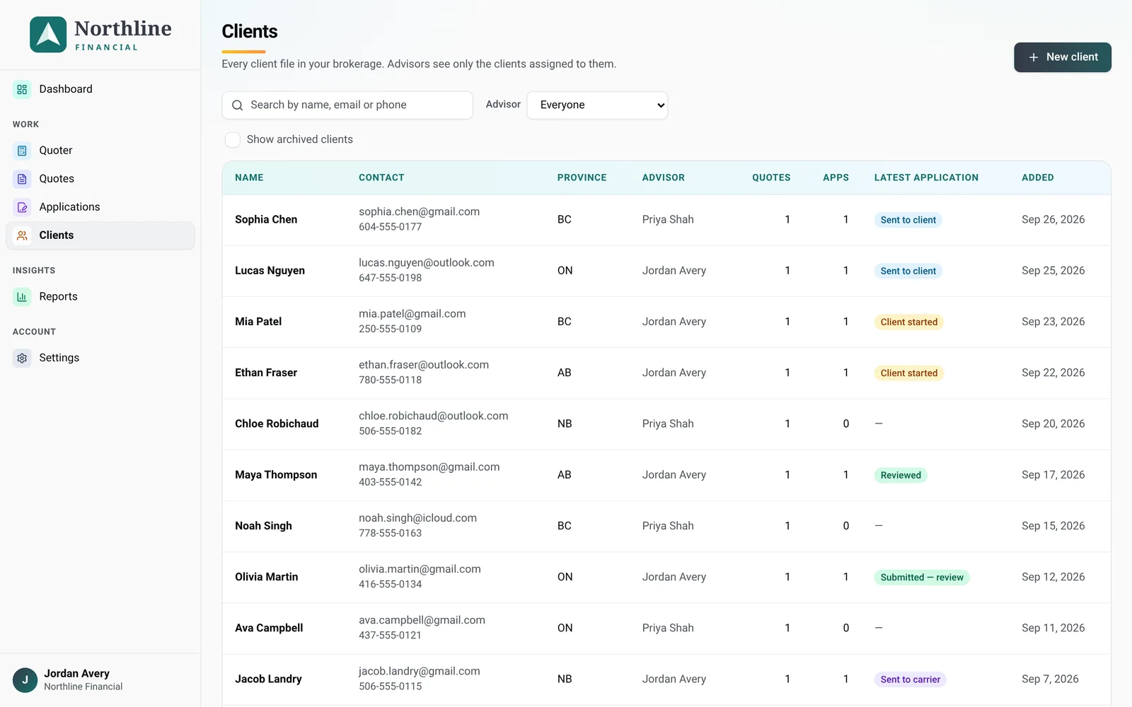 Client list with province, advisor and status