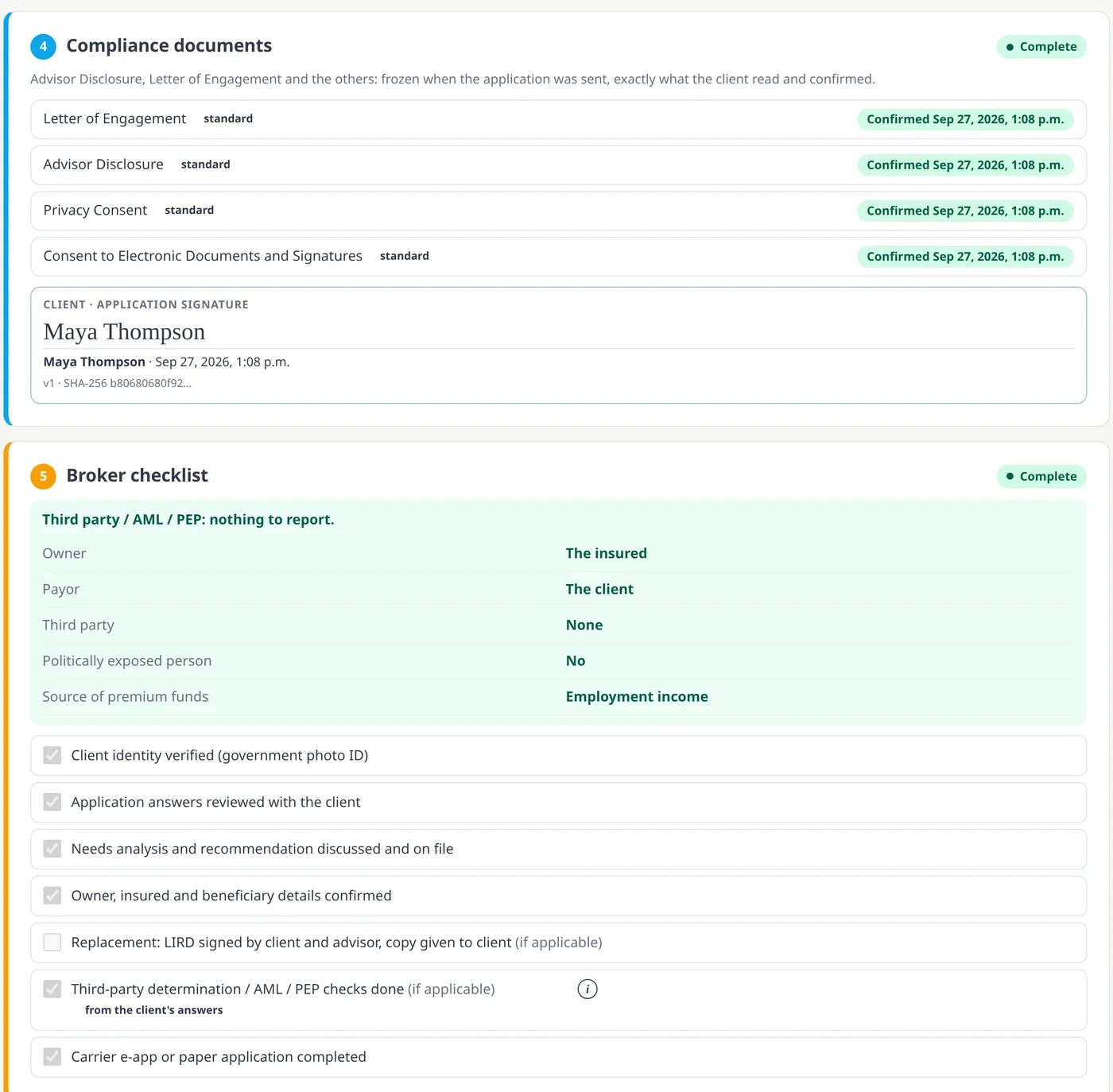 Compliance documents confirmed and broker checklist complete