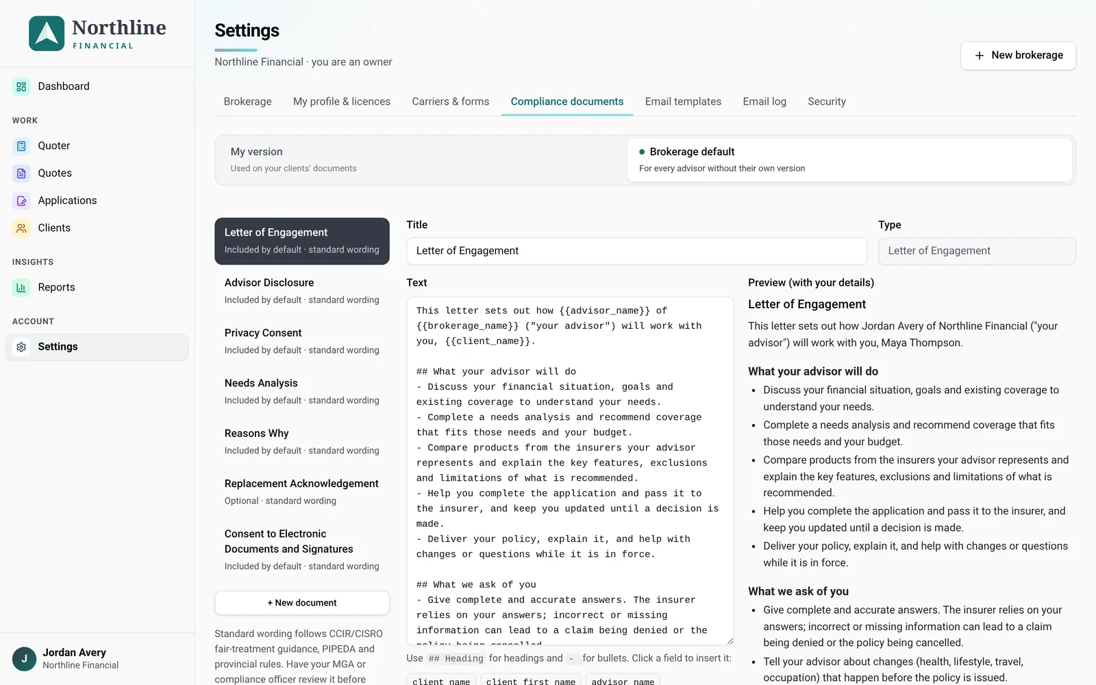 Brokerage compliance document templates with editable standard wording