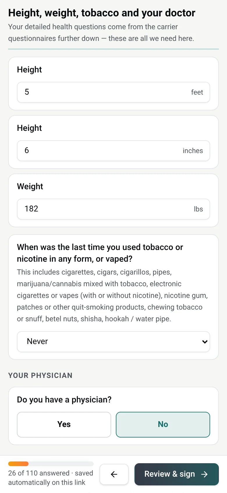 Plain yes/no application questions on a phone