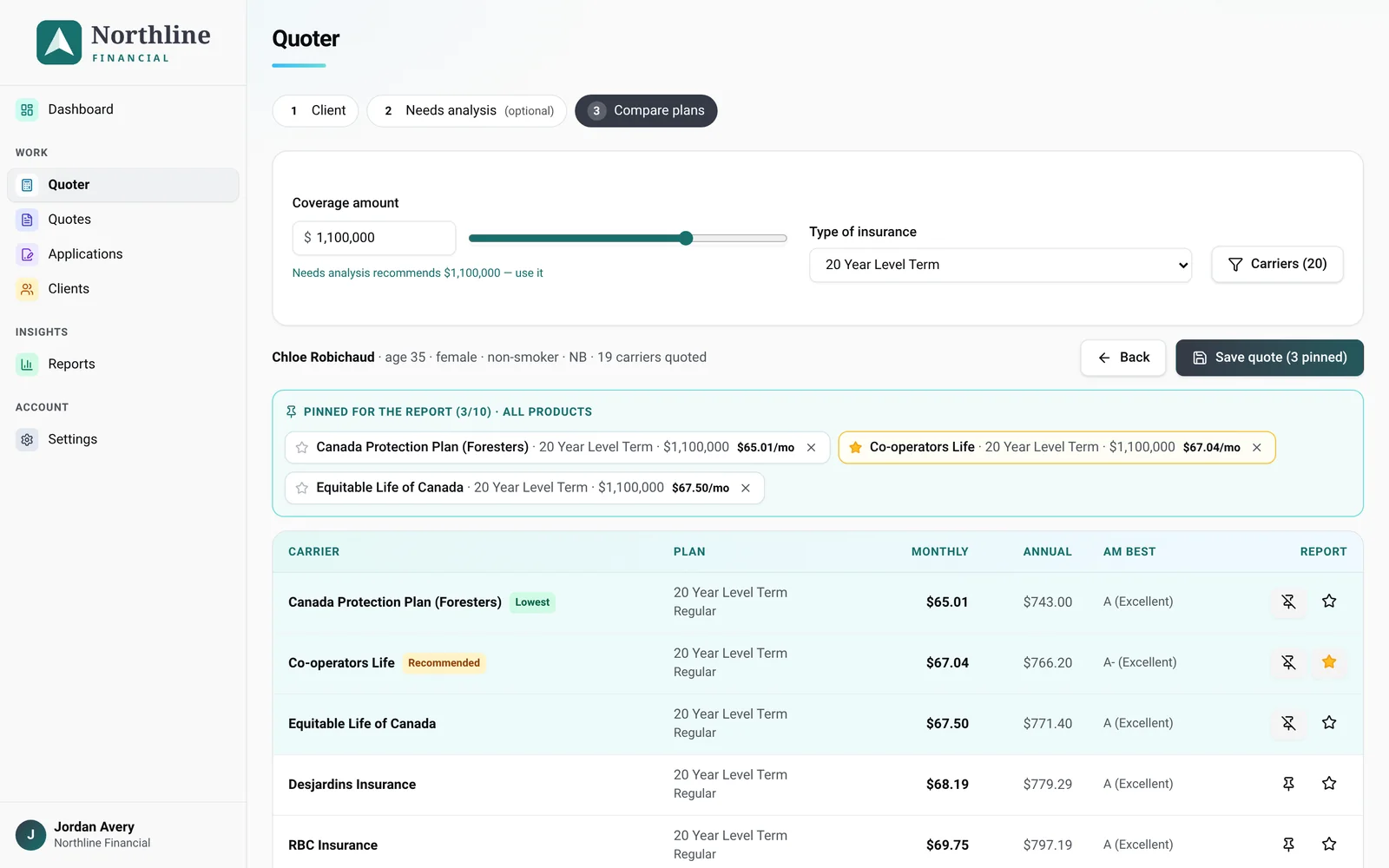 Quoter comparing 20-year term plans across carriers