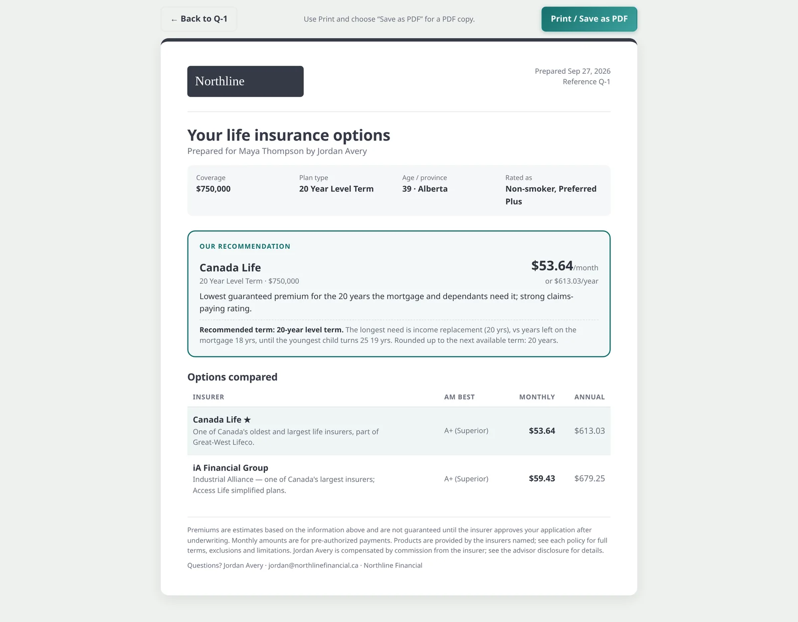 Branded quote report with a recommendation and options compared