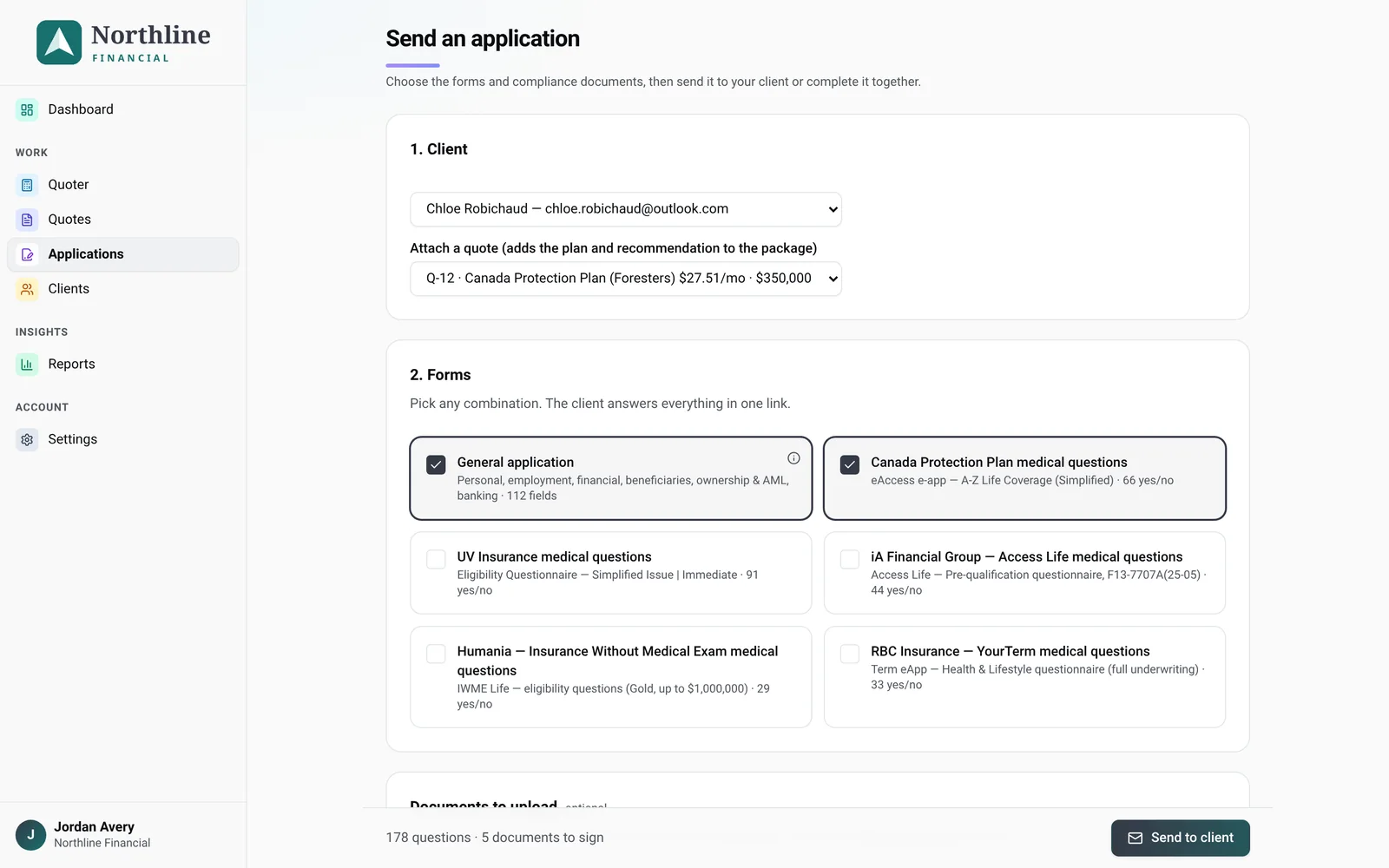 Choosing the general application and a carrier form before sending a secure link